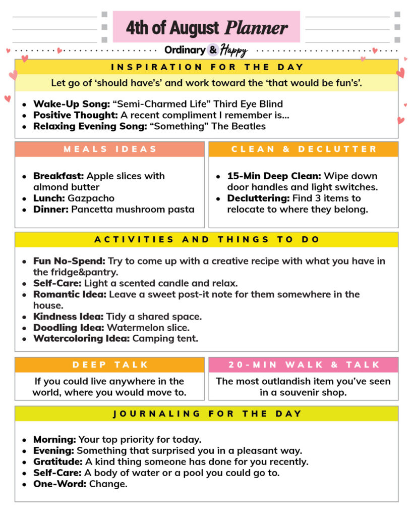 august 4th daily planner printable with lists of ideas for the day displayed in color-coded sections