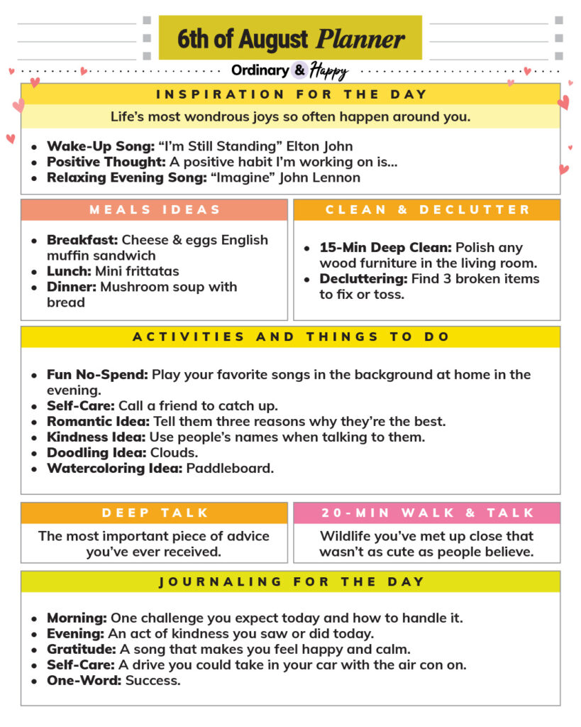 august 6th daily planner printable with lists of ideas for the day in color-coded sections