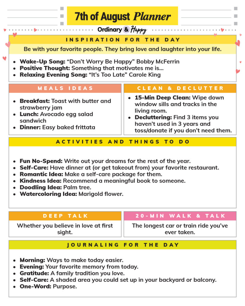 august 7th daily planner printable with color-coded sections displaying lists of ideas for the day