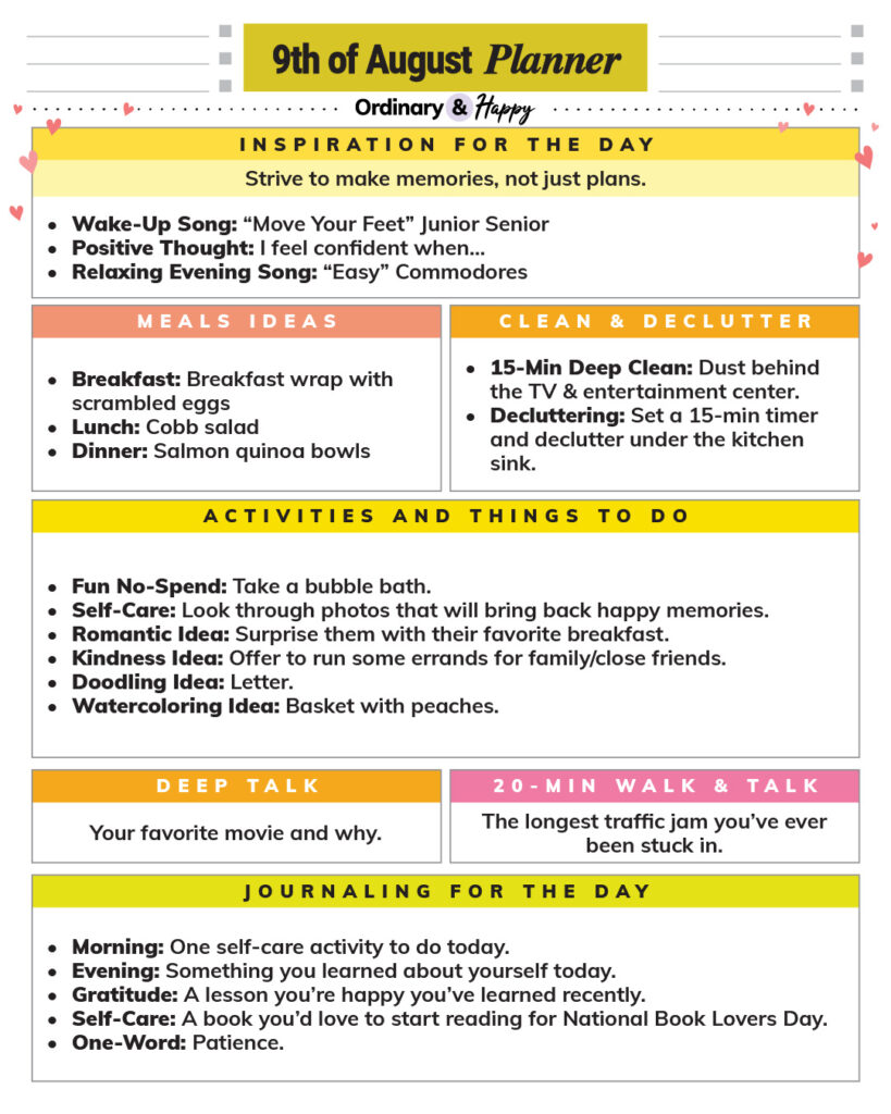 august 9th daily planner printable with listicles for different areas of daily life in color-coded sections