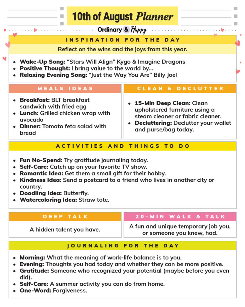 august 10th daily planner printable with lists of ideas for the day in color-coded sections
