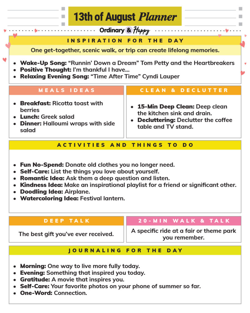 august 13th daily planner printable with ideas for inspiration, meals, cleaning, conversation, activities, and journaling