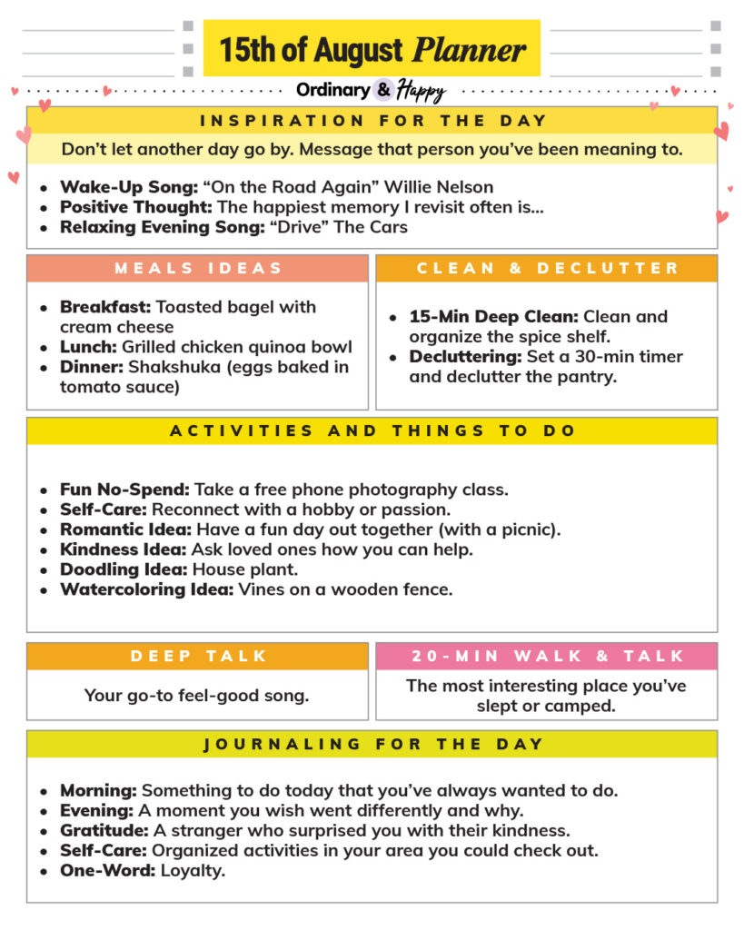 august 15th daily planner printable with listicles for different areas of daily life displayed in color-coded rectangular sections