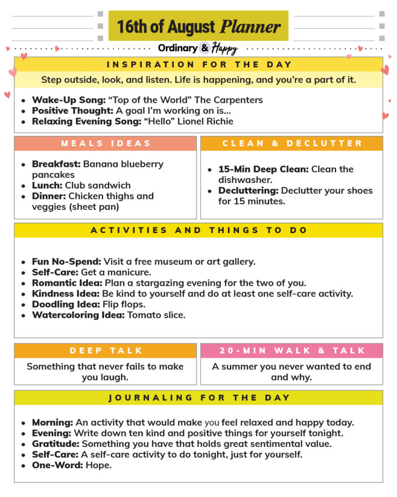 august 16th daily planner printable containing colorful boxes with lists of ideas displayed in them for different areas of daily life