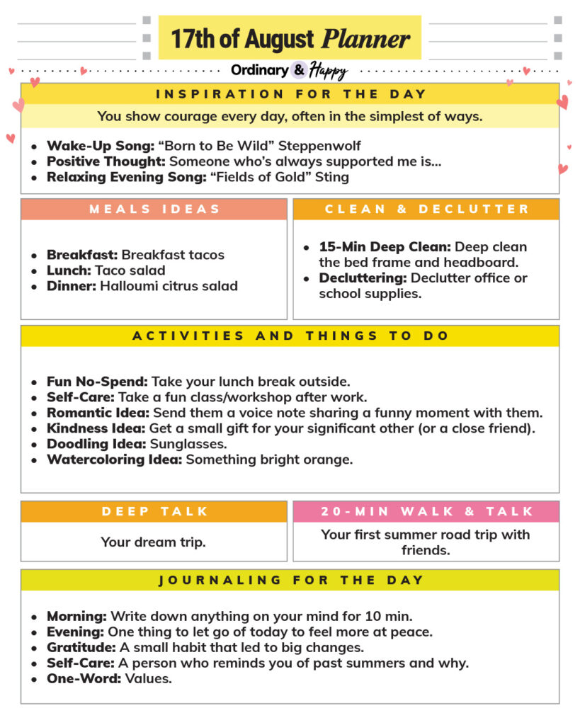 august 17th daily planner printable with listicles of ideas for different areas of daily life that day