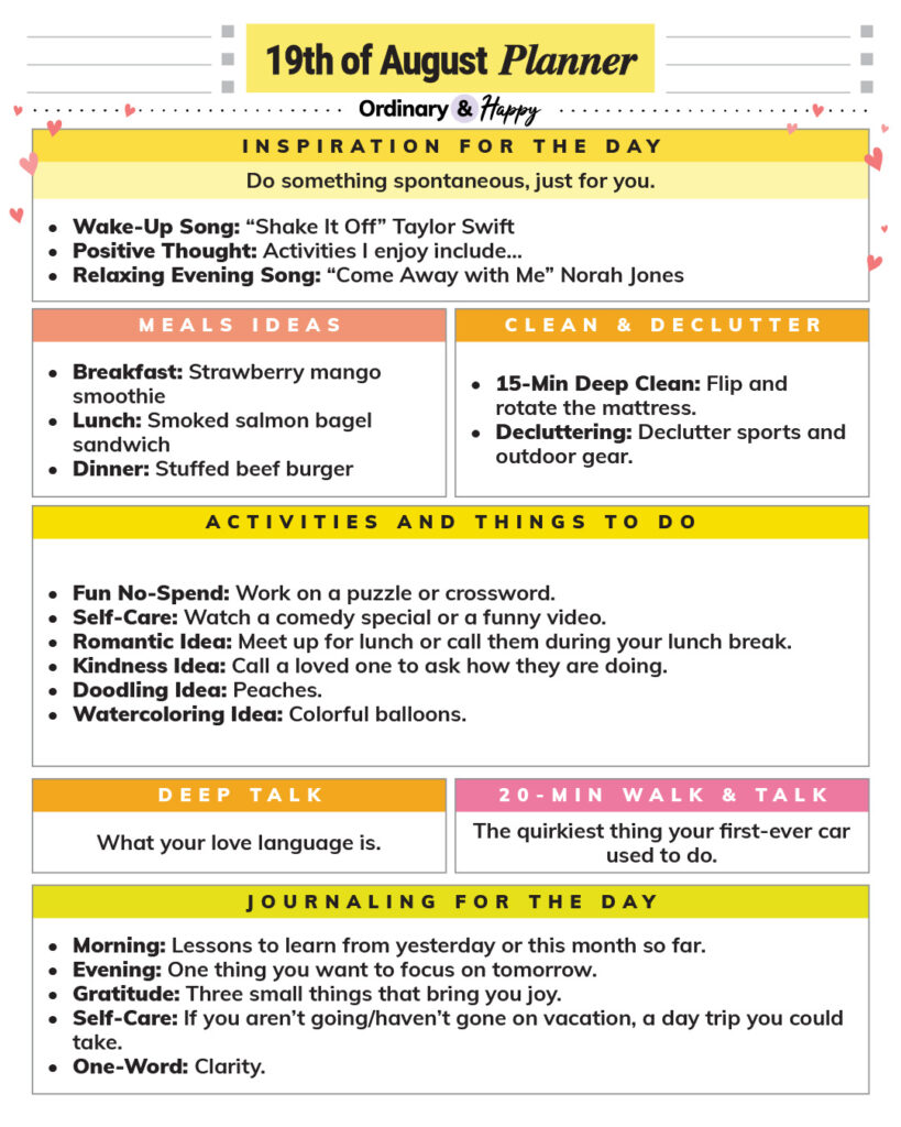 august 19th daily planner printable with lists of ideas for inspiration, meals, cleaning, activities, journaling, and conversation