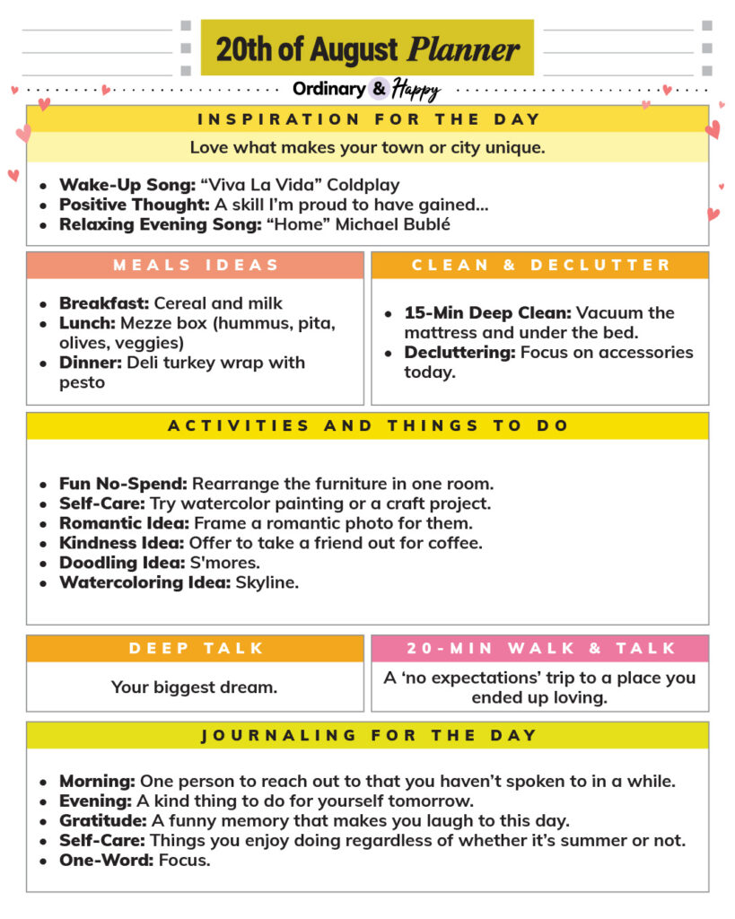 august 20th daily planner printable consisting of lists of ideas for different areas of daily life