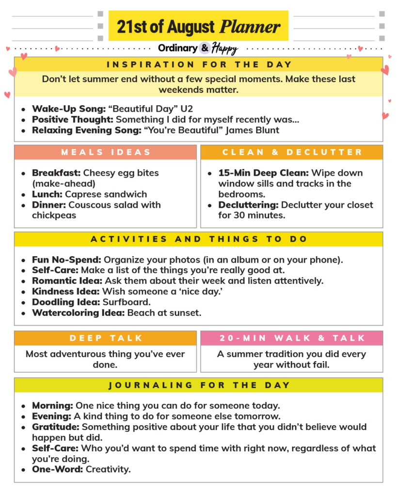 august 21st daily planner printable with lists of ideas for different areas of daily life