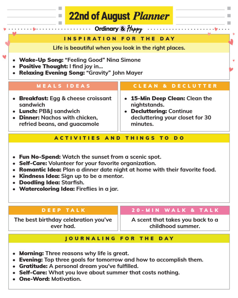 august 22nd daily planner printable with lists of ideas for the day displayed in color-coded sections