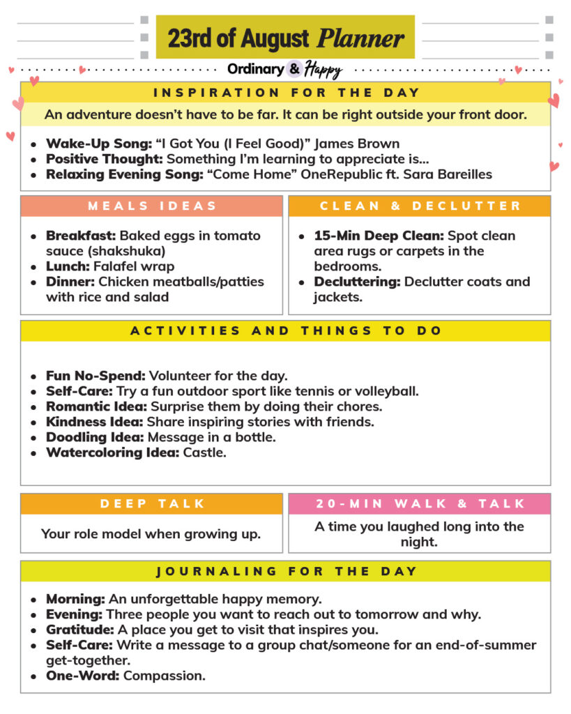 august 23rd daily planner printable with color-coded rectangular sections and lists of ideas for the day