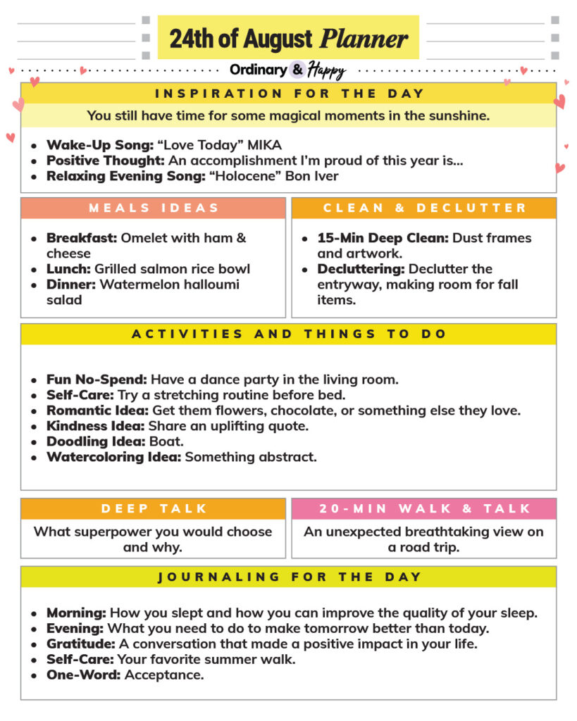 august 24th daily planner printable with color-coded sections containing lists of ideas
