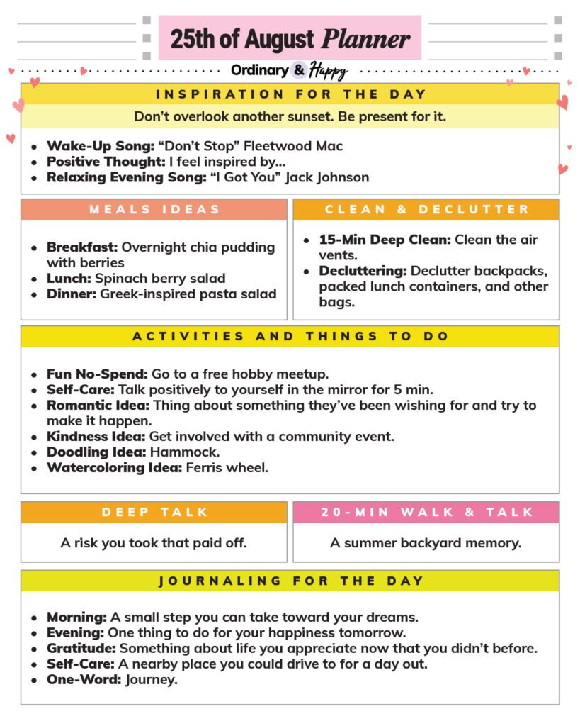 august 25th daily planner printable with color-coded sections and lists of ideas for the day