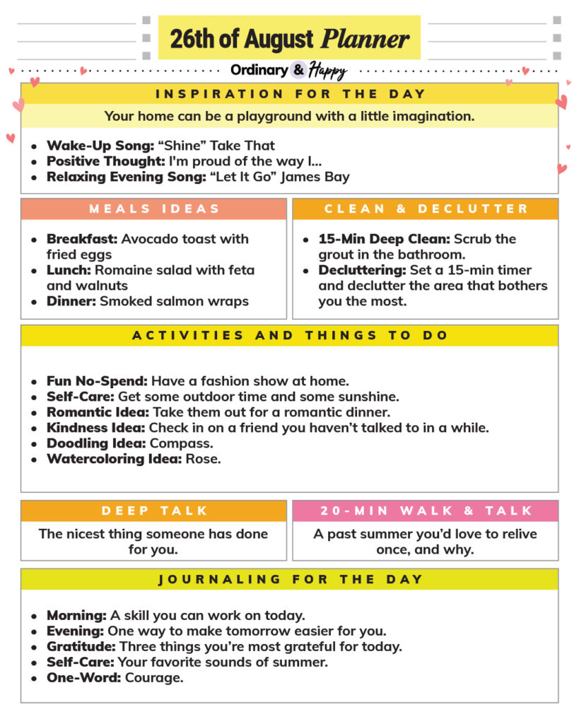 august 26th daily planner printable listicle containing rectangular sections with lists of ideas for different areas of daily life