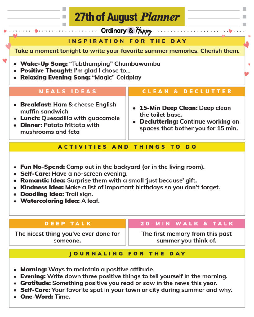 august 27th daily planner printable containing color-coded rectangular sections and lists of ideas for the day