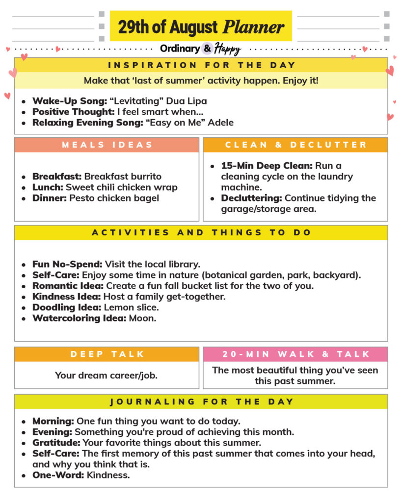 august 29th daily planner printable with lists of ideas in different colorful sections for the day