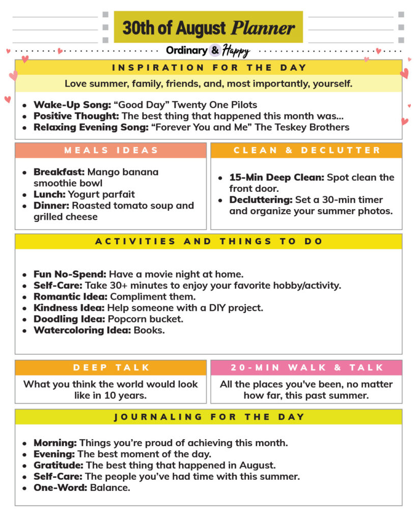 august 30th daily planner printable with color-coded sections for different areas of daily life and ideas to try