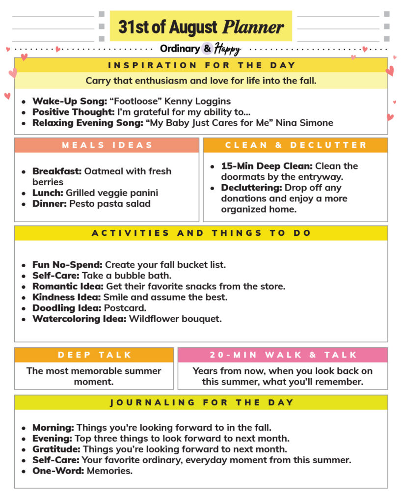 august 31st daily planner printable containing lists of ideas for the day