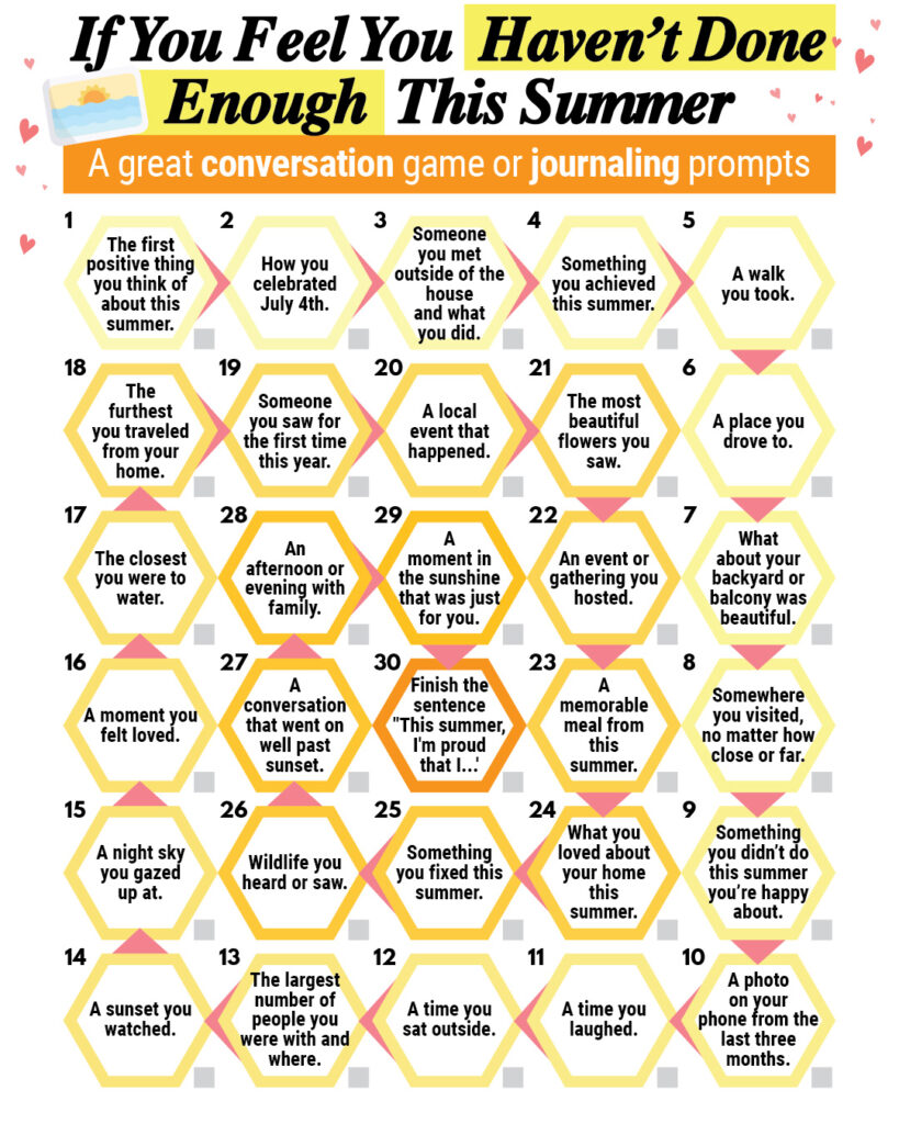 selection of 30 ideas for a graphic of 'if you feel like you haven't done enough this summer, answer these' prompts, displayed in hexagons in a 5x6 grid with numbers