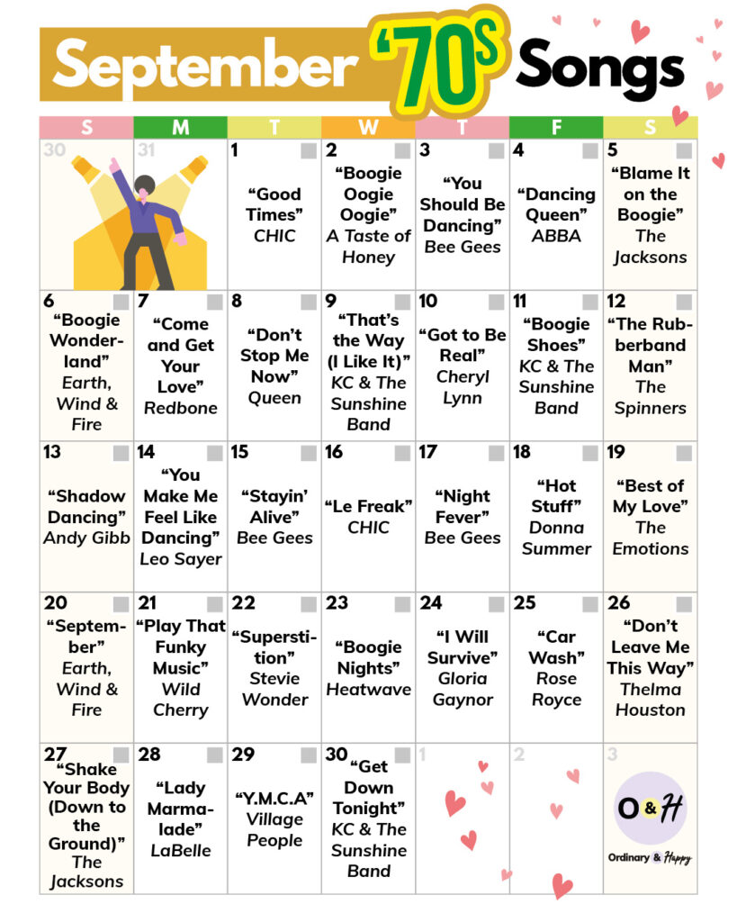 70s songs September calendar.
