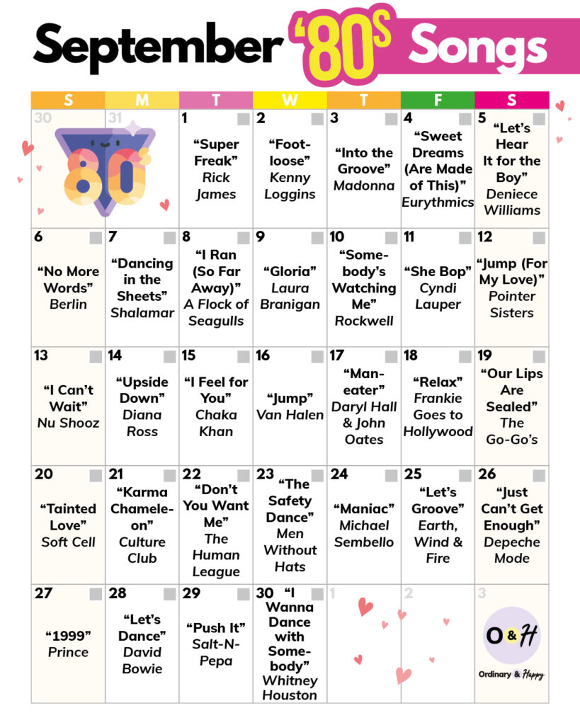 80s Songs September calendar