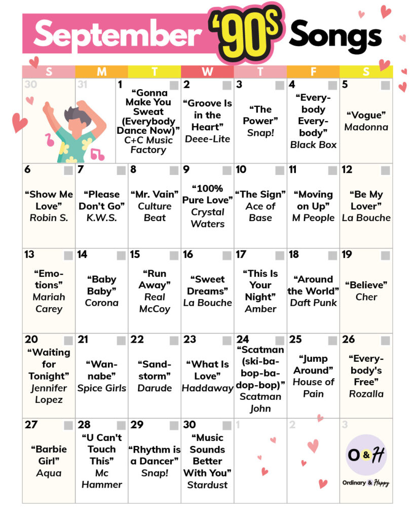 September 90s songs calendar.