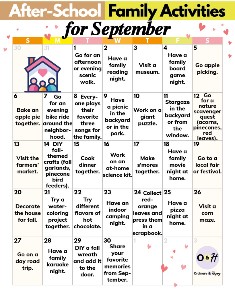 30-day calendar of after-school family activities for the month of september with color-coded days of the week