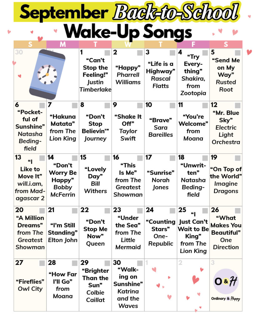 30-day september calendar of back-to-school wake up songs displaying 30 different songs in a 7x6 grid for the whole month