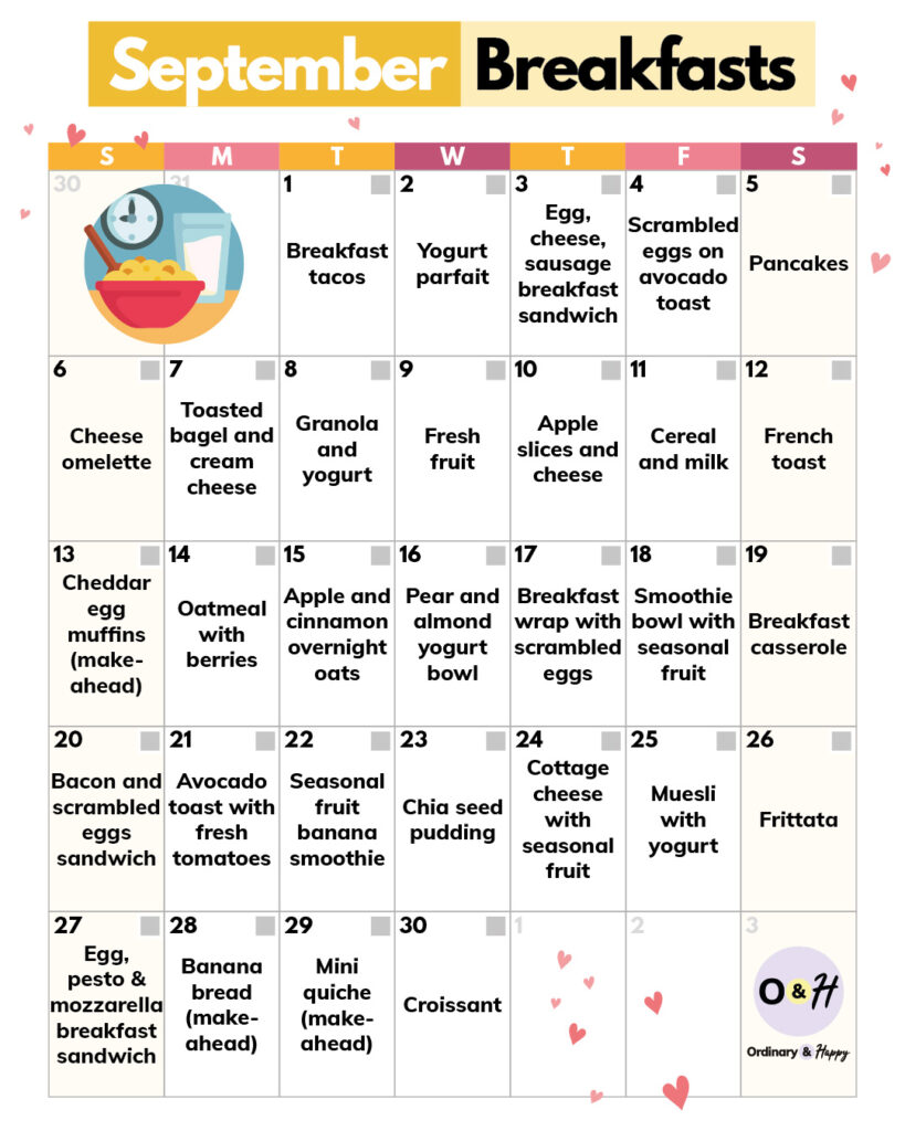 September breakfast ideas in a calendar format.