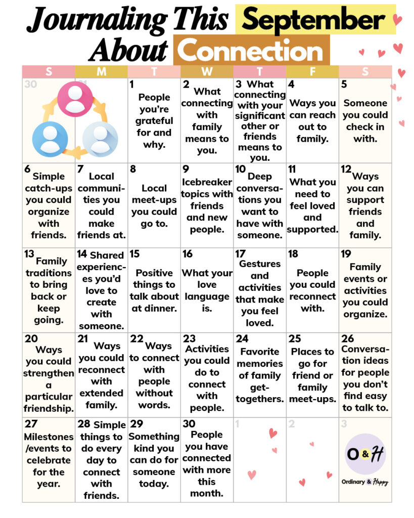 30 days of journaling ideas for connection in September in a 7x6 grid with color-coded days of the week