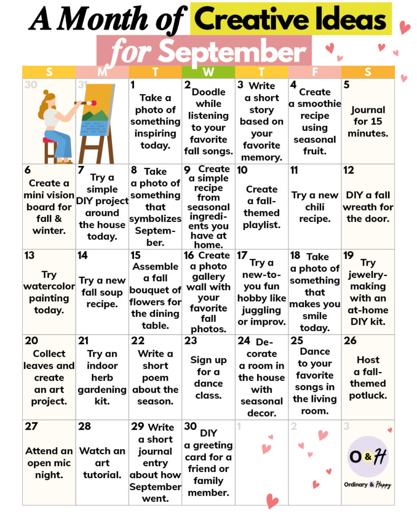 calendar of 30 days of creative activities to do in September with one activity displayed for every day