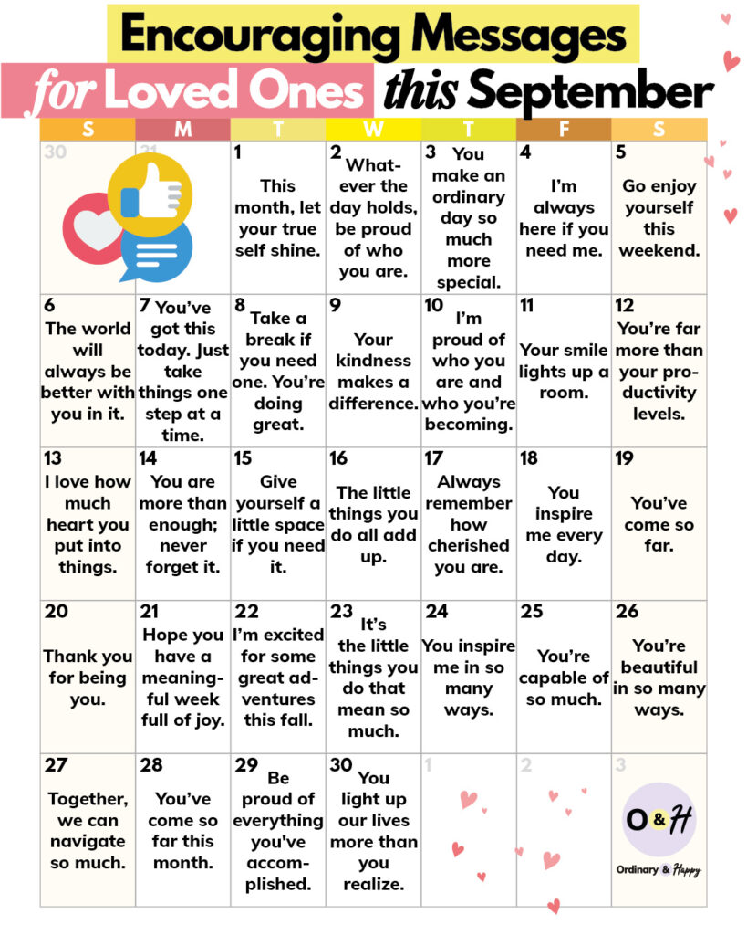 30 encouraging messages for loved ones displayed in a 7x6 30-day calendar for the month of september with color-coded days of the week