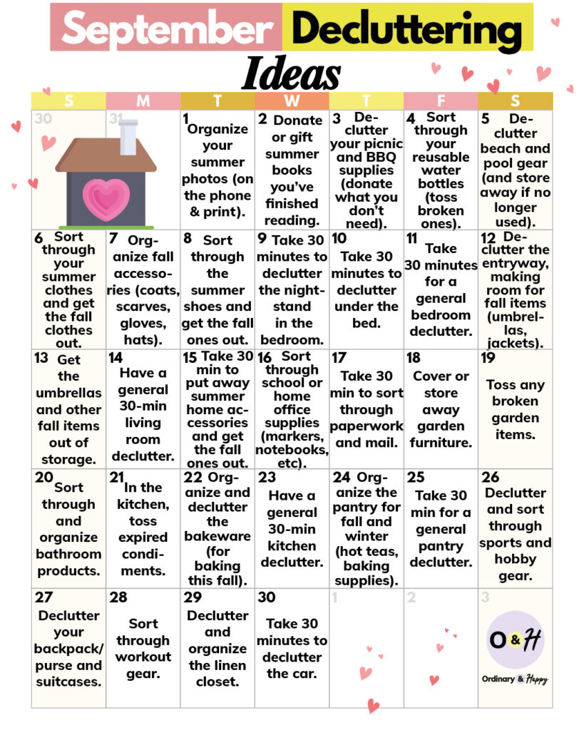 30-day calendar of 30 decluttering ideas for the month of september