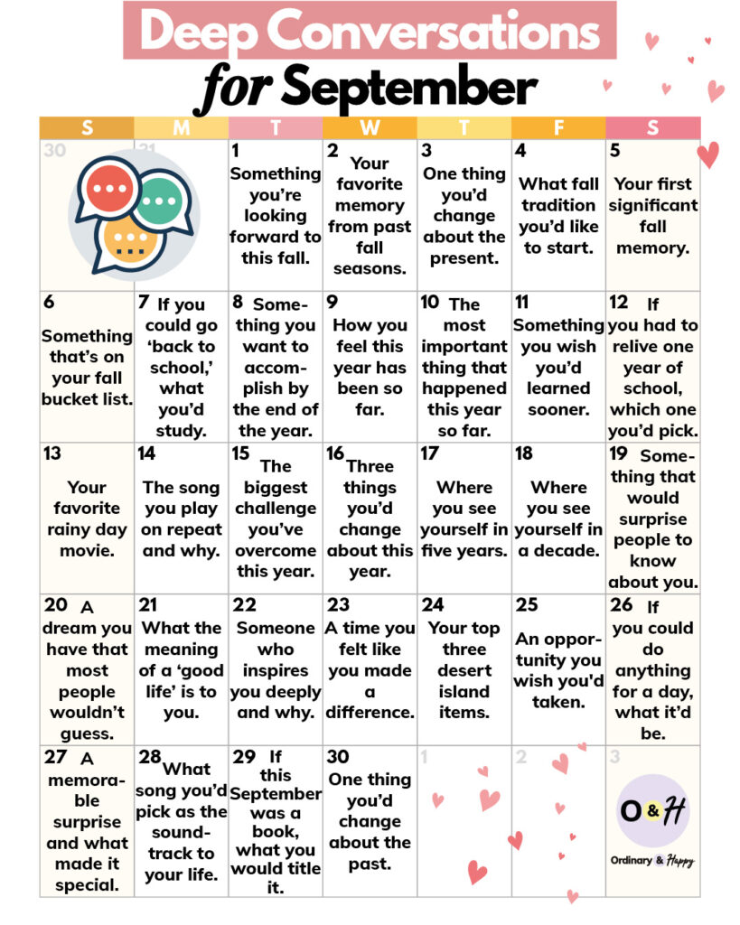 calendar of 30 days of deep conversation ideas for the month of september