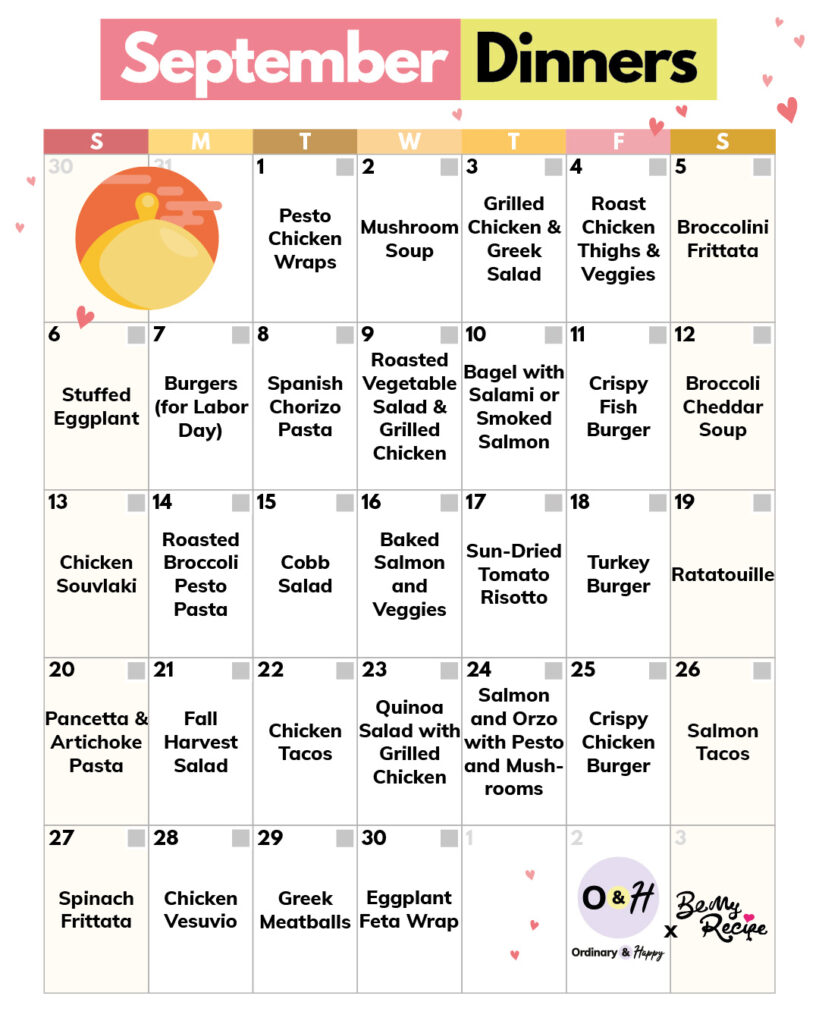 September dinner ideas in a calendar format.