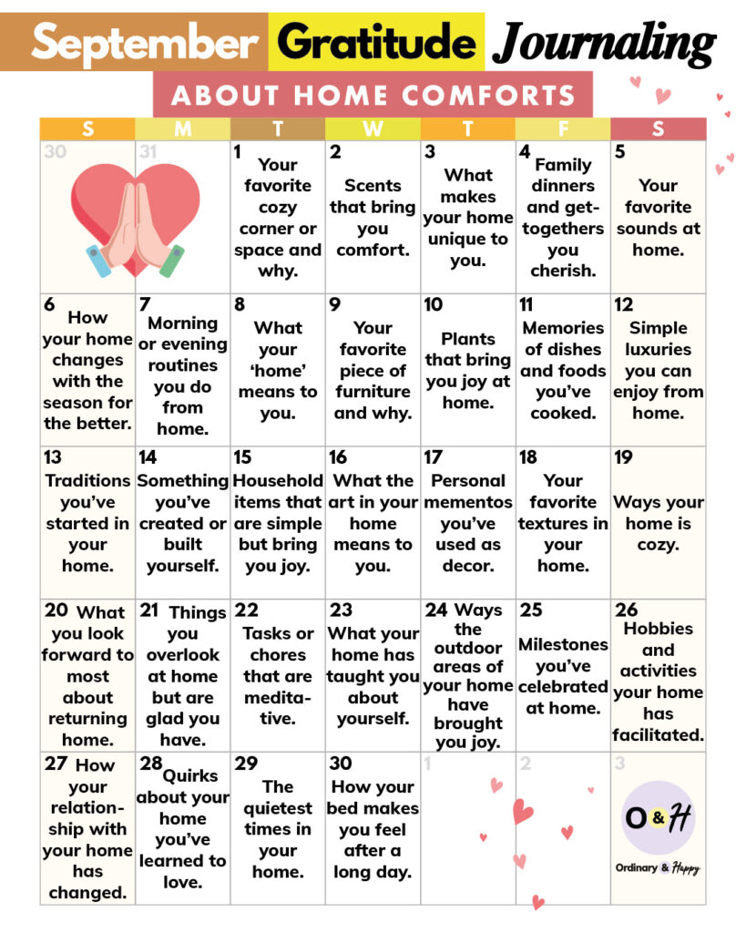 September gratitude journaling calendar about home comforts.
