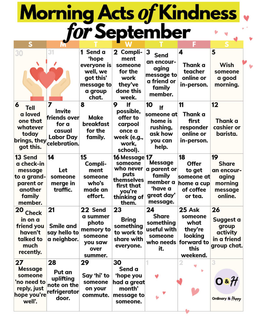 calendar of morning acts of kindness for september displayed in a 7x5 numbered grid for the month