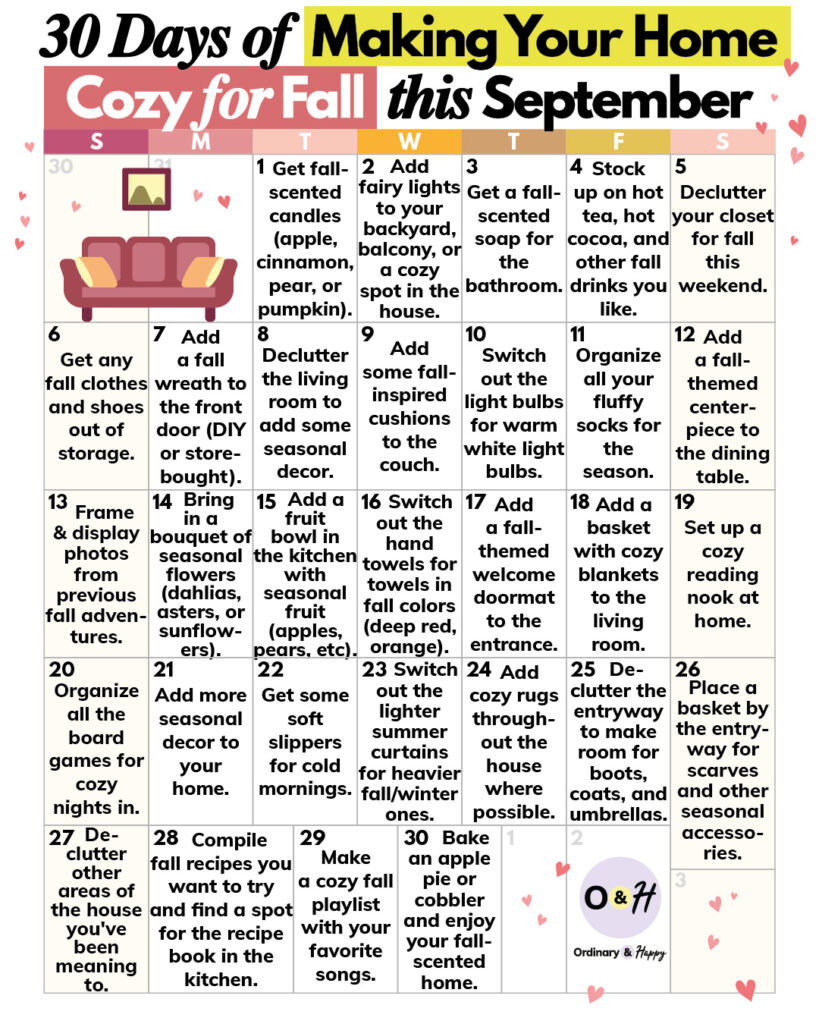 a month-long calendar displaying 30 ideas to make your home cozy for fall with a different idea displayed for every day of the month