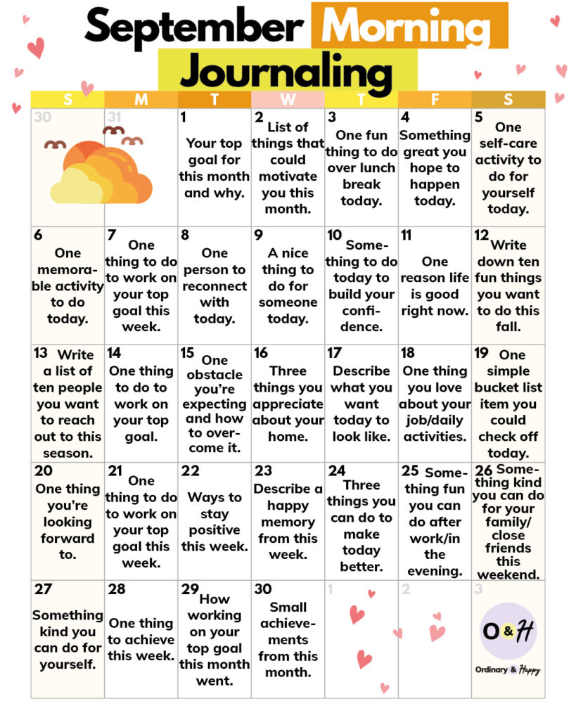 September calendar with morning journaling prompts