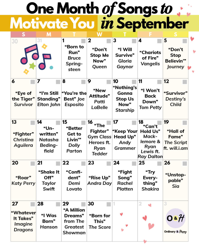 selection of motivation songs for the month of september displayed in a 7x5 calendar for september with a different song for each day to listen to
