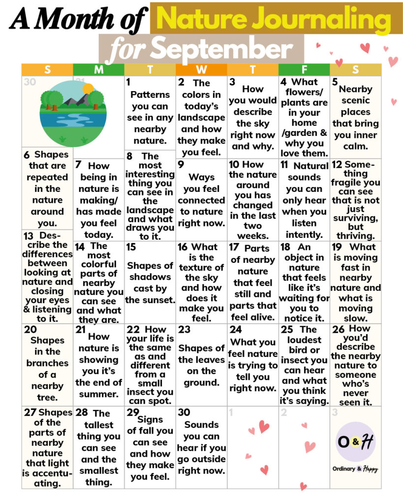 30-day 7x6 grid calendar displaying 30 suggestions for spending more time in nature throughout september, with one idea for every day of the month