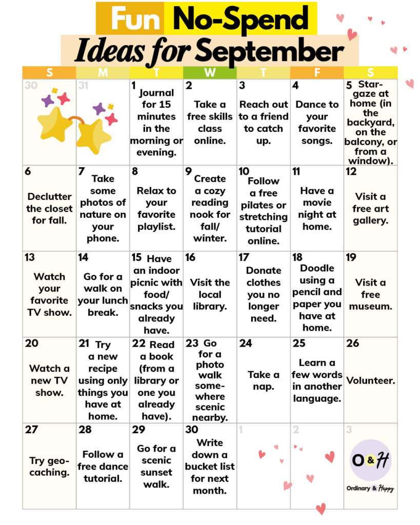 September no-spend ideas calendar.