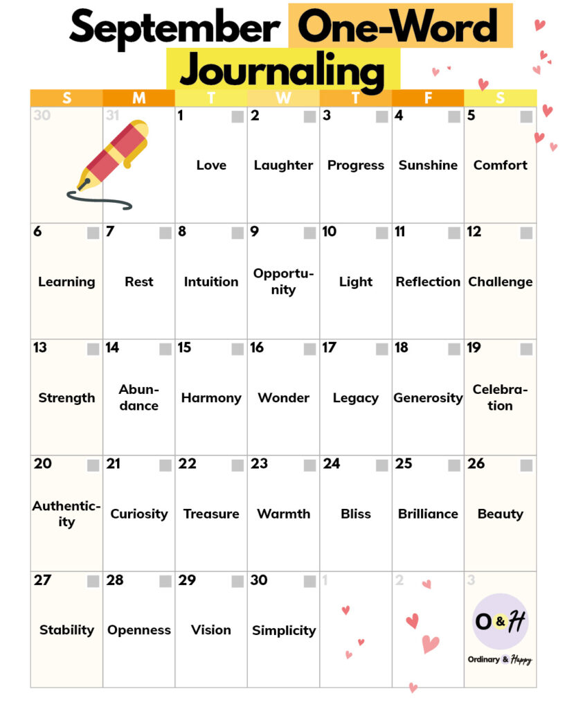 One-word journaling calendar for September.