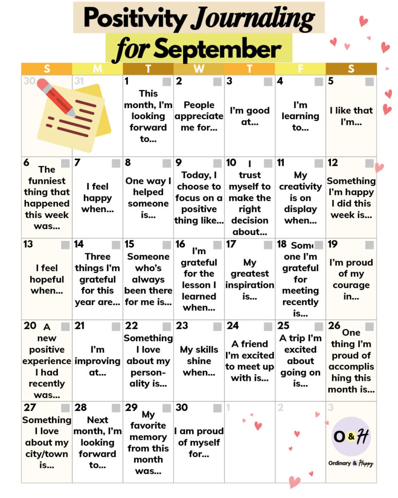a 30-day calendar in a 7x6 grid format with an unfinished sentence displayed in each day for the user to fill in the blanks for the month of september