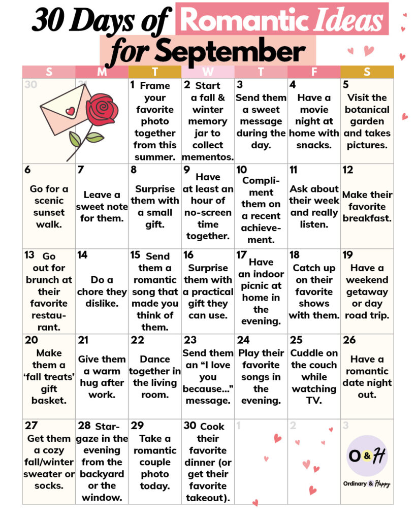 printable calendar displaying 30 days of romantic gestures for the month of september
