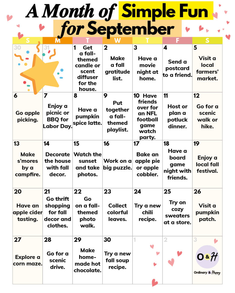 30-day calendar of simple fun ideas to do every day for the month of september in a color-coded 7x6 grid
