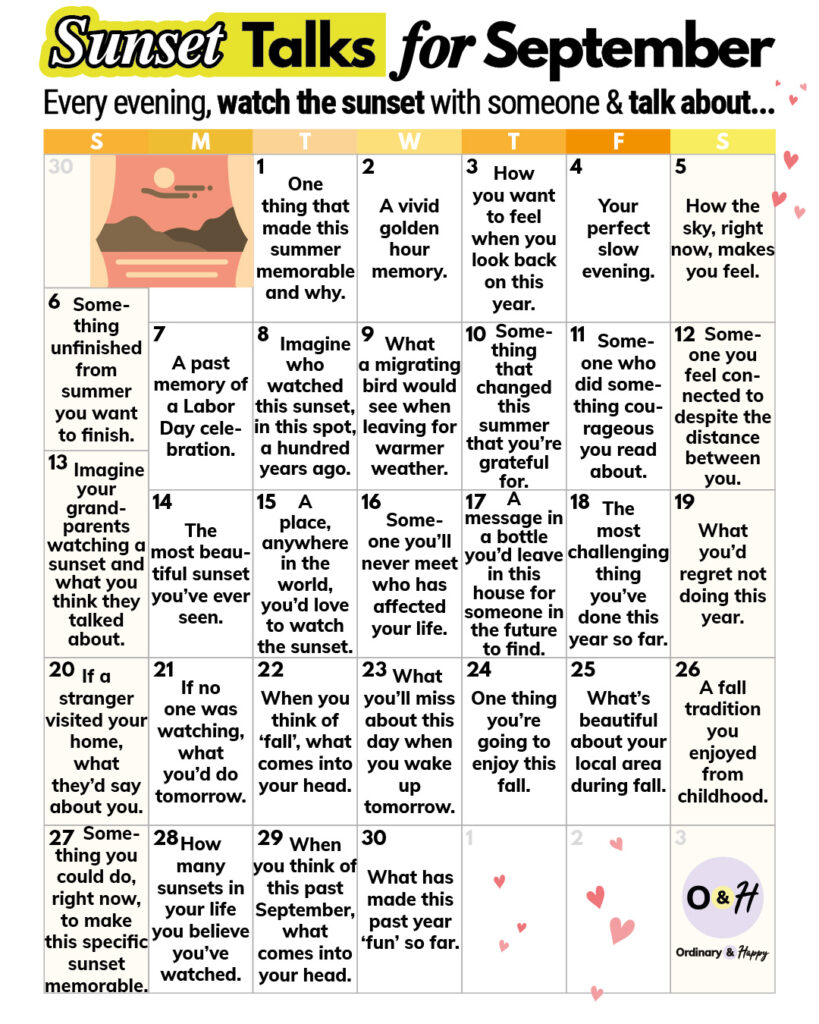 Sunset talks for September (calendar with daily topic ideas).
