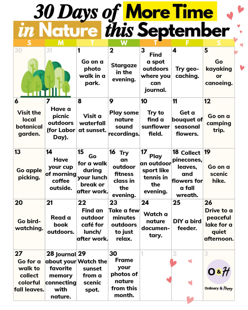 30-day 7x6 grid calendar displaying 30 suggestions for spending more time in nature throughout september, with one idea for every day of the month