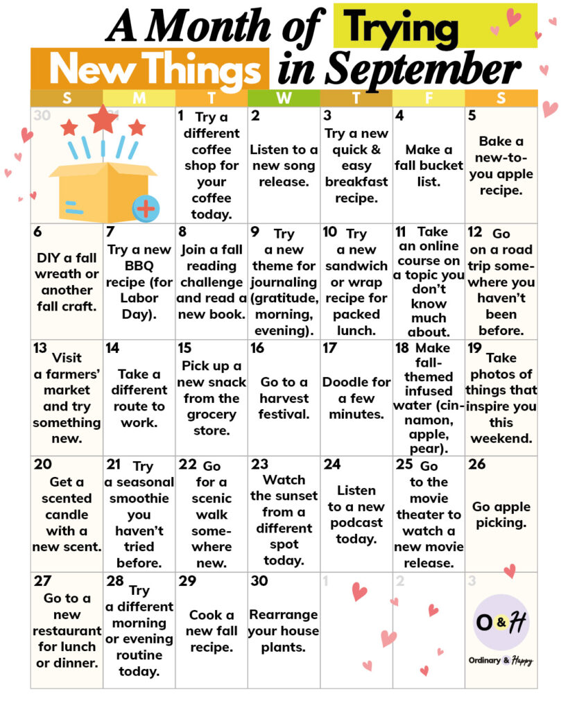 30-day 7x6 calendar of 30 ideas for trying new things in the month of september