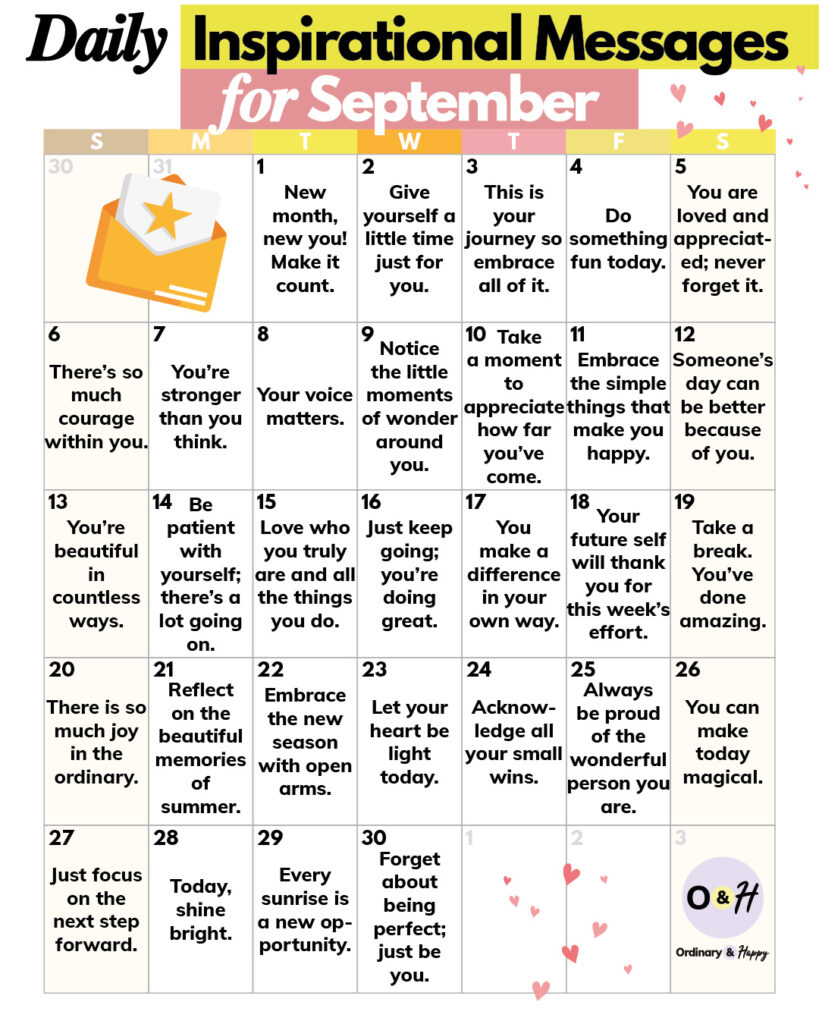 calendar of daily inspirational messages for september displayed in a 7x5 calendar grid format