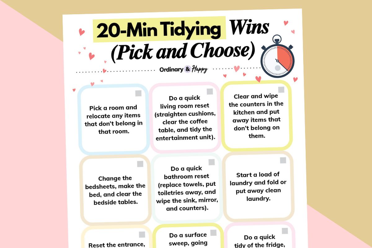 checklist of 20-minute easy tidying wins displayed on a light red and orange block color background